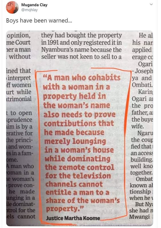 Muganda clay mqhlay boys have been warned. opinion they had bought the property