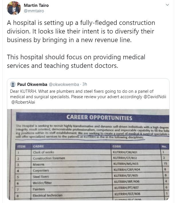 Martin tairo mmtairo hospital is setting up a fullyfledged construction division