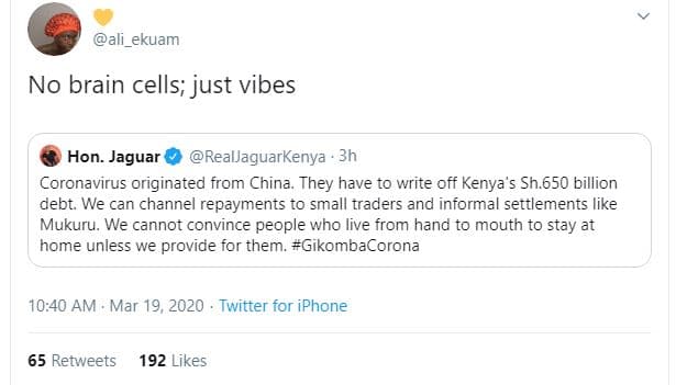 Ali_ekuam no brain cells just vibes hon. jaguar realjaguarkenya 3h coronavirus o