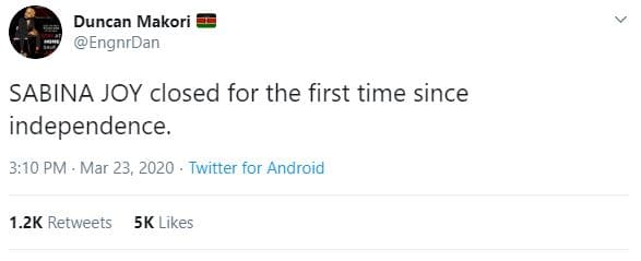 Duncan makori engnrdan sabina joy closed for the first time since independence 3