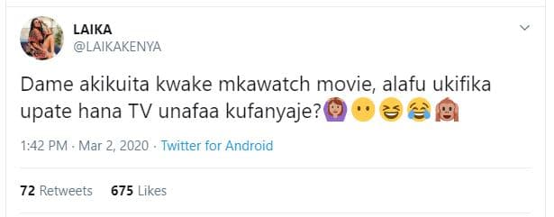 Laika laikakenya dame akikuita kwake mkawatch movie alafu ukifika upate hana tv