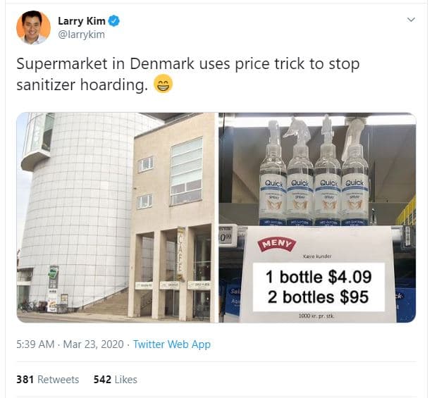 Larry kim larrykim supermarket in denmark uses price trick to stop sanitizer hoa