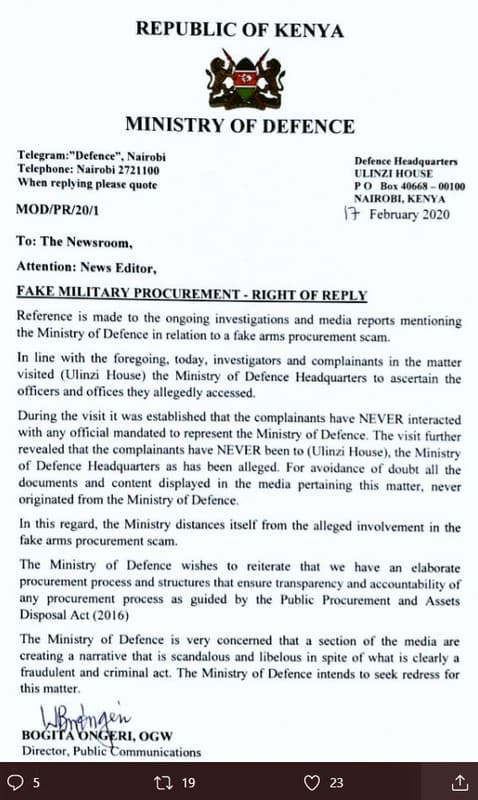 Republic of kenya ministry of defence telcgram dclence nairobi telephone nairobi