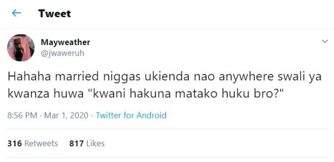 Tweet mayweather wwaweruh hahaha married niggas ukienda nao anywhere swali ya kw