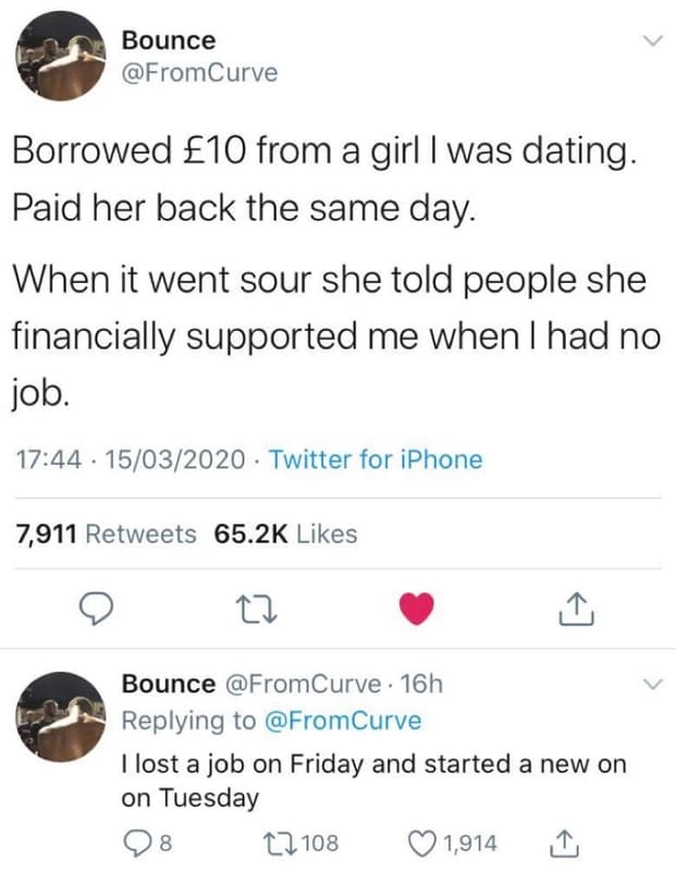 Bounce fromcurve borrowed f10 from a girl was dating. paid her back the same day