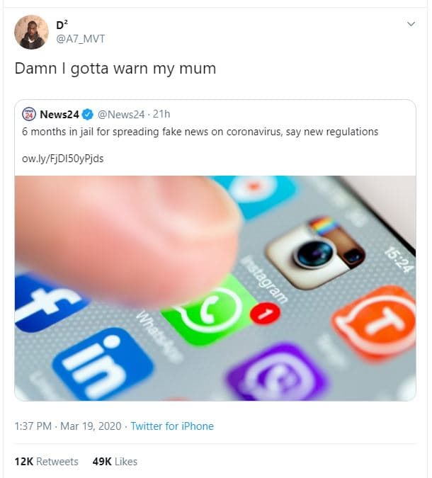 A7_mvt damn gotta warn my mum news24 news24 . 21h months 'in jail for spreading