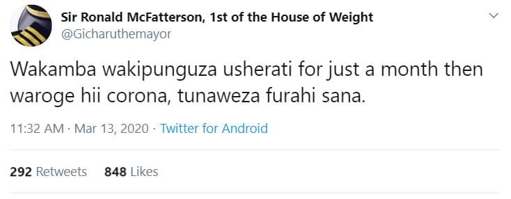 Sir ronald mcfatterson, ist of the house of weight gicharuthemayor wakamba wakip