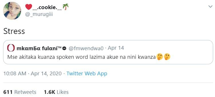 Cookie murugiii stress mkam6a fulaní fmwendwao apr 14 mse akitaka kuanza spoken