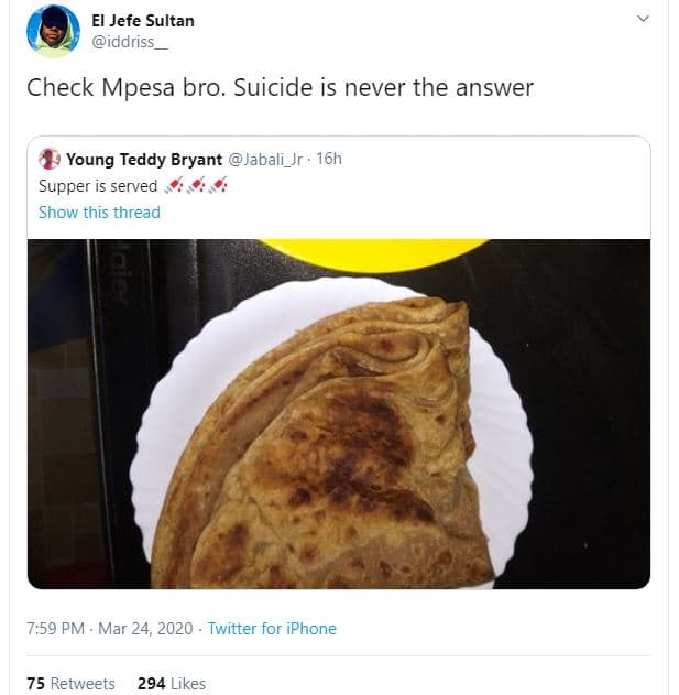 El jefe sultan iddriss check mpesa bro. suicide is never the answer young teddy