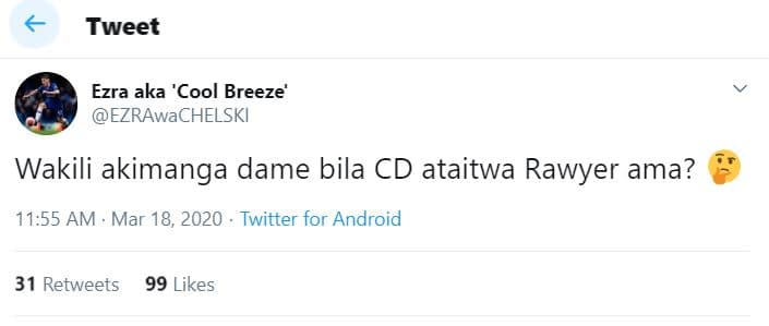 Tweet ezra aka 'cool breeze' ezrawachelski wakili akimanga dame bila cd ataitwa