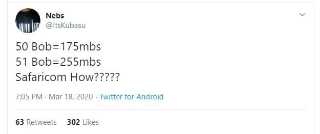 Nebs itskubasu 50 bob175mbs 51 bob255mbs safaricom how????? 7,05 pm mar 18, twit