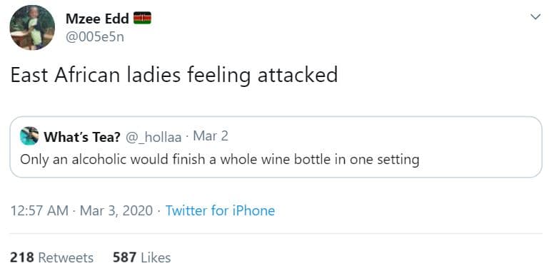 Mzee edd 0o5e5n east african ladies feeling attacked whats tea? hollaa mar 2 onl