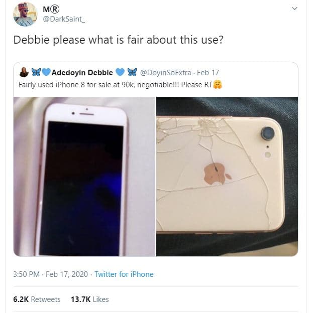 M darksaint_ debbie please what is fair about this use? 8 adedoyin debbie 88 doy