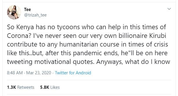 Tee trizah_tee so kenya has no tycoons who can help in this times of corona? i'v