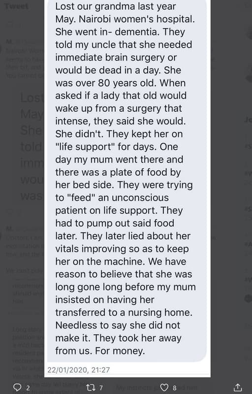 1 lost our grandma last year may. nairobi women's hospital. she went in dementia