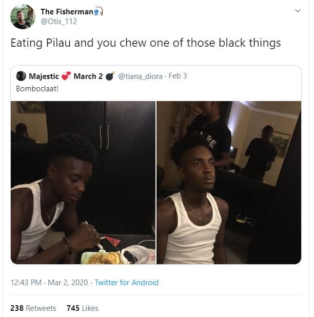 The fisherman otis_112 eating pilau and you chew one of those black things majes