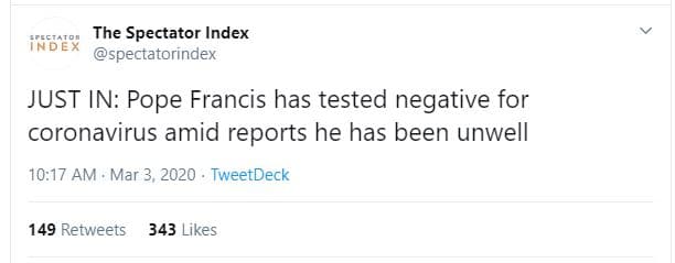 The spectator index r5e spectatorindex just in pope francis has tested negative