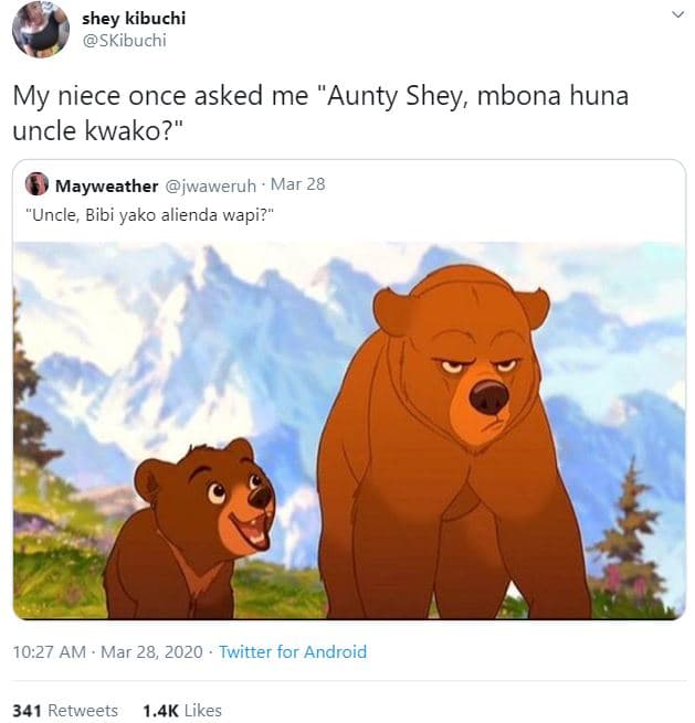 Shey kibuchi skibuchi my niece once asked me 'aunty shey, mbona huna uncle kwako