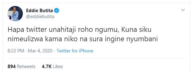 Eddie butita eddiebutita hapa twitter unahitaji roho ngumu, kuna siku nimeulizwa