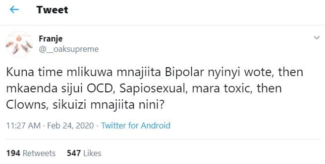 Tweet franje oaksupreme kuna time mlikuwa mnajiita bipolar nyinyi wote then mkae