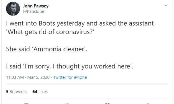 John pawsey hanslope went into boots yesterday and asked the assistant what gets