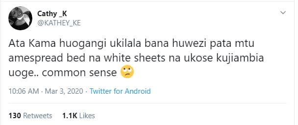 Cathy kathey_ke ata kama huogangi ukilala bana huwezi pata mtu amespread bed na