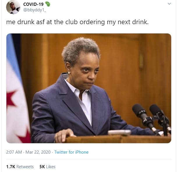 Covid19 bbyddy1 me drunk asf at the club ordering my next drink. 2.07 am mar 22,