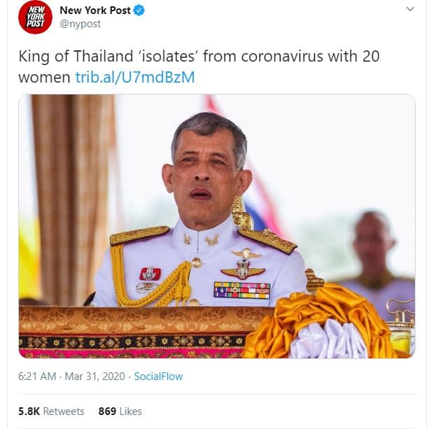 New york post nypost fs king of thailand 'isolates' from coronavirus with 20 wom