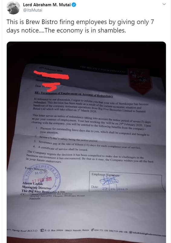 Lord abraham m mutai itsmutai this is brew bistro firing employees by giving onl