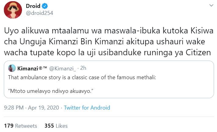 Droid droid254 uyo alikuwa mtaalamu wa maswalaibuka kutoka kisiwa cha unguja kim