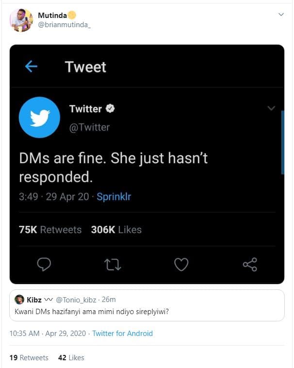 Mutinda bnanmutinda tweet twitter twitter dms are fine. she just hasn't responde