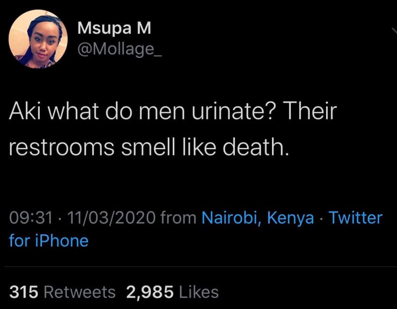 Msupa m mollage aki what do men urinate? their restrooms smell like death 09.31