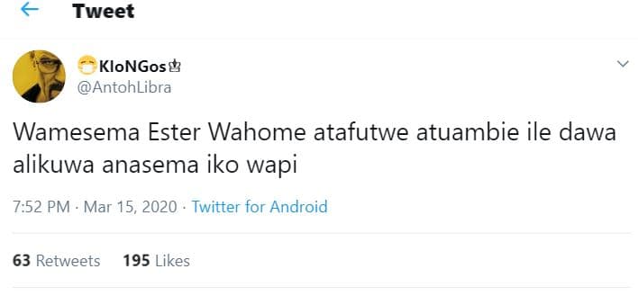Tweet klongos antohlibra wamesema ester wahome atafutwe atuambie ile dawa alikuw