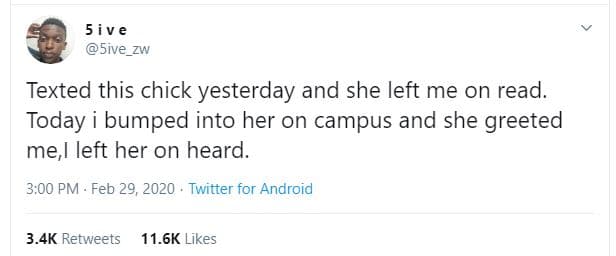 5 i v e sive_zw texted this chick yesterday and she left me on read. today i bum