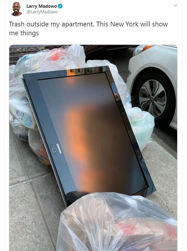 Larry madowo larrymadowo trash outside my apartment. this new york will show me