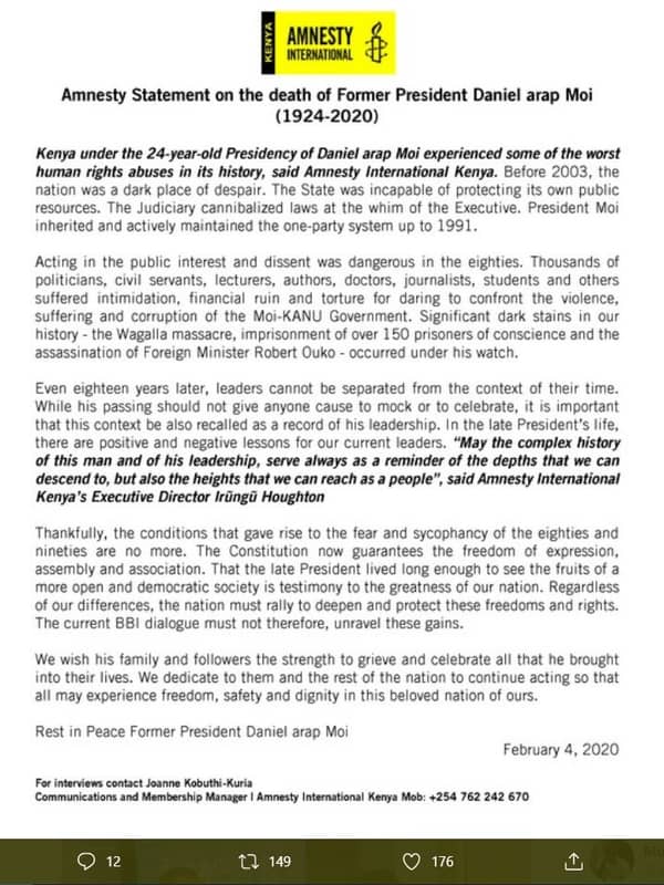 Amnesty inermatiohal amnesty statement on the death of former president daniel a