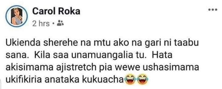 Carol roka 2 hrs ukienda sherehe na mtu ako na gari ni taabu sana kila saa unamu