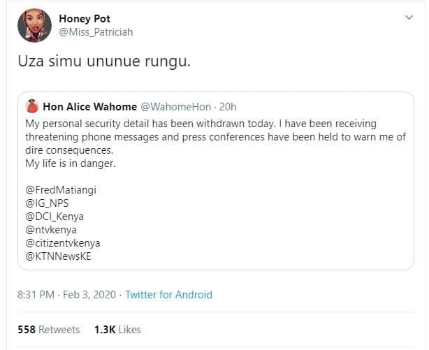 Honey pot miss_patriciah uza simu ununue rungu. hon alice wahome wahomehon 2oh m