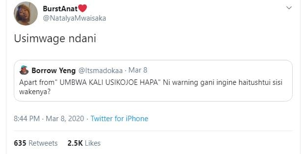 Burstanat natalyamwaisaka usimwage ndani borrow yeng itsmadokaa mar 8 apart from