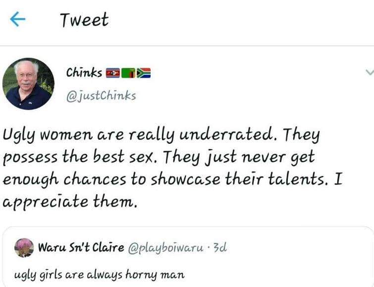 Tweet chinks justchinks ugly women are really underrated. they possess the best