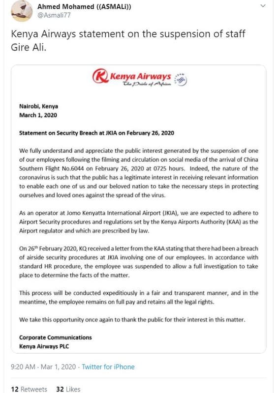 Ahmed mohamed asmali asmali77 kenya airways statement on the suspension of staff