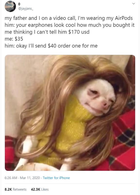 Jayjans my father and on a video call, i'm wearing my airpods him your earphones