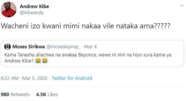 Andrew kibe kibeandy wacheni izo kwani mimi nakaa vile nataka ama????? moses sir