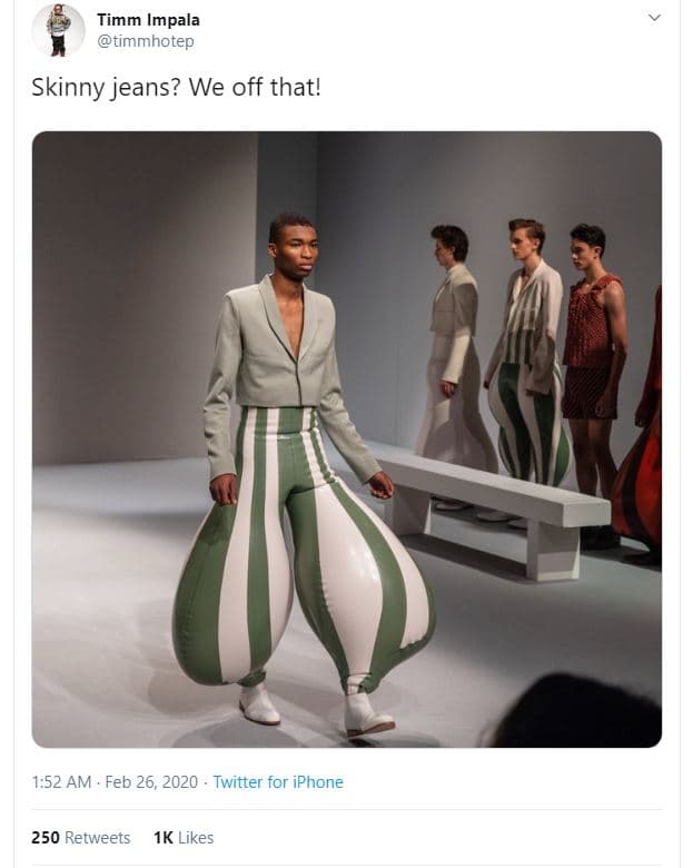 Timm impala timmhotep skinny jeans? we off that! 1.52 am . feb 26, twitter for i