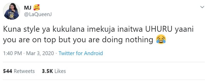 Mj laqueen kuna style ya kukulana imekuja inaitwa uhuru yaani you are on top but