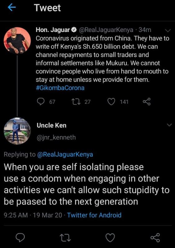 Tweet hon. jaguar realjaguarkenya 34m coronavirus originated from china they hav