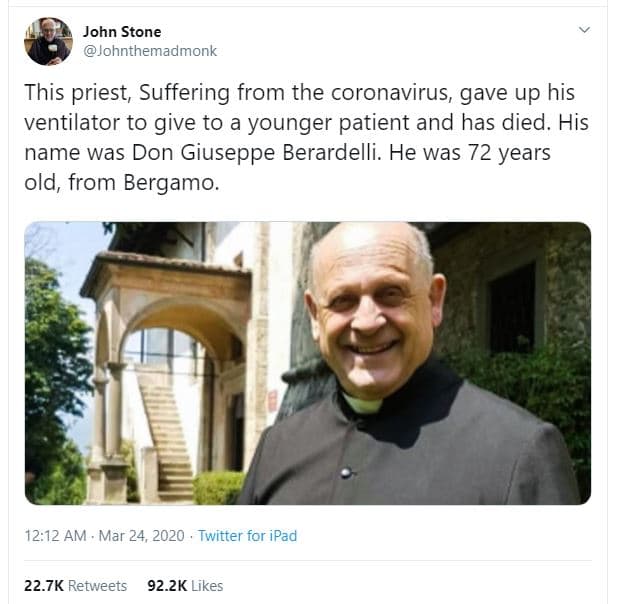 John stone johnthemadmonk this priest, suffering from the coronavirus, gave up h