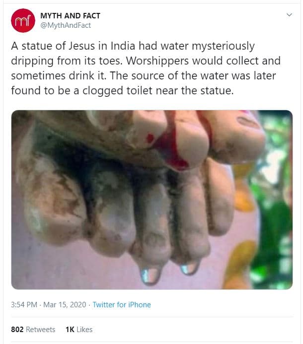 Myth and fact mythandfact a statue of jesus in india had water mysteriously drip