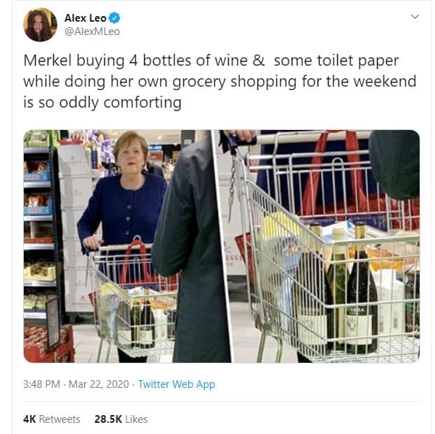 Alex leo alexmleo merkel buying 4 bottles of wine some toilet paper while doing