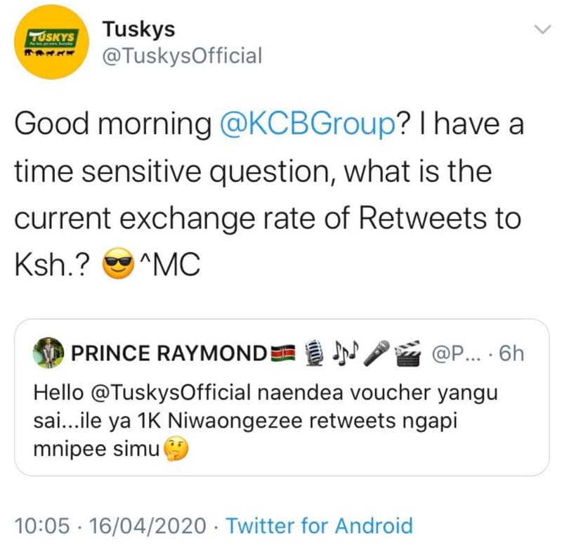 Gsks tuskys tuskysofficial good morning kcbgroup? have a time sensitive question
